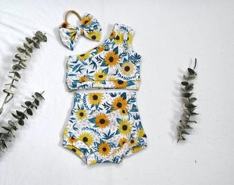 Sunflower Baby Girl Outfit/One Shoulder Top and Bummies Set/Summer Baby Clothes/Floral Baby Outfit, Baby Girl Handmade Set