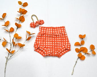 Ready to Ship Orange Gingham Baby Bummies Set (3-6 months)