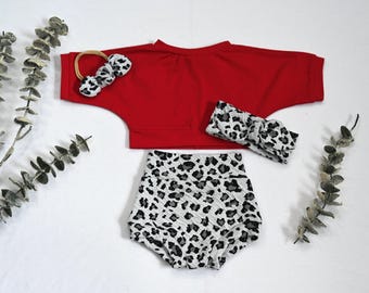 True Red Crop Top/Black White Leopard  Bummies Set/Baby Girl Outfit/Matching Knot Headband/MiniBow/Handmade Toddler Set