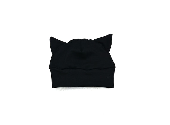 Solid Black Cat Hat: Cotton Blend Baby Beanie