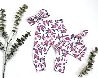 Floral Baby Outfit: Cotton Newborn Set with Hat & Headband
