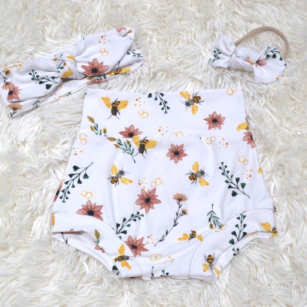 Bee Garden Bummies/ Mini Nylon Bow/ Headband/ Baby Clothes/ Baby Outfit/ Baby Shorts/ High Waist Bloomers/ baby Shorties/