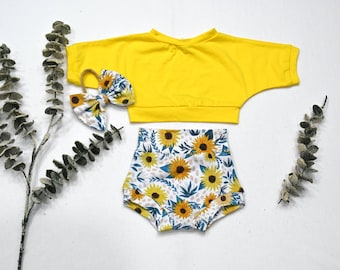 Completo per neonati con motivo girasole: pantaloni a vita alta, top corto giallo e fiocco per capelli