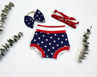 4 Juli Baby Bambi Set: Star Shorts, Stripes Bummies, Bunt gestreiftes Outfit