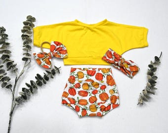 Pumpkin Baby Outfit: High Waist Bummies, Crop Top & Hair Accessories