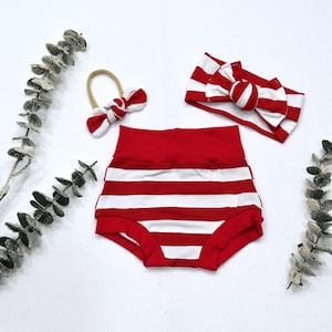 Red Striped Baby Bummies Set: High Waist Shorts, Chunky Bow