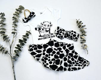 Holy Cow Baby Outfit: Bodysuit, Cow Spots Skirt & Headband