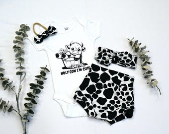 Cow Print Baby Outfit: Bodysuit, Bummies & Bow Headband