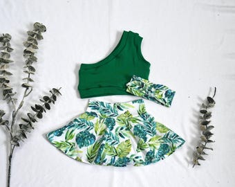 Baby Girl Tropical Outfit/One Shoulder Crop Top & Leaf Print Skirt Bummies Set/ Summer Baby Outfit With Matching Headband