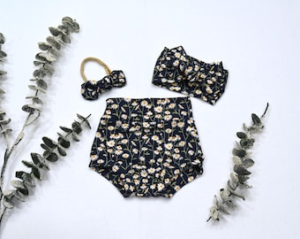 White Daisy Baby Bummies Set/ High Waist Shorts and Matching Bow Headband