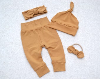 Caramel Baby Leggings/Baby Hat/Top Knot Headband/ Mini Nylon Bow/Baby Girl Leggings/Baby Boy Outfit /Baby Girl Outfit/Take home outfit