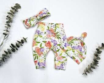 Conjunto floral para bebé: Conjunto de algodón para recién nacido con diadema