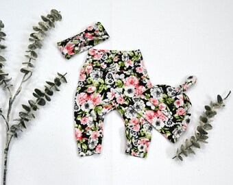 Conjunto de bebé de algodón floral: leggings, diadema y gorro para recién nacido
