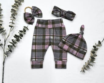 Pink Gray Plaid Baby Girl Outfit/Newborn Outfit/