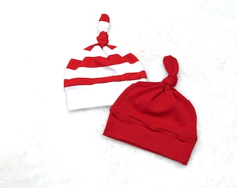 Baby Knot Hat- Red Striped Newborn Beanie-Soft Cotton Infant Cap