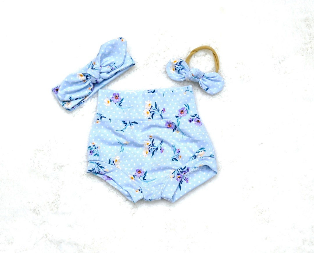 Blue Floral Baby Bummies Set/ High Waist Bloomers and Matching Headband ...