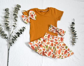 Mustard Fall Baby Girl Outfit/Autumn Leaf Skirt Bummies Set/Thanksgiving Baby Outfit/T-Shirt with Twirl Skirt&Matching Headband and bow