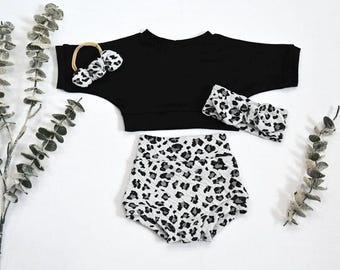 Solid Black Crop Top/Black White Leopard Bummies Set/Baby Girl Outfit/Matching Knot Headband/MiniBow/Handmade Toddler Set