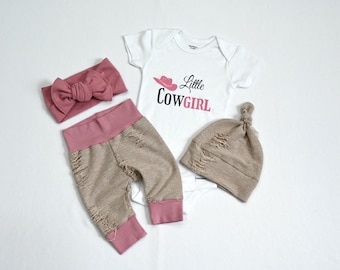 Little Cowgirl Outfit: Baby Bodysuit, Leggings, Headband, Hat
