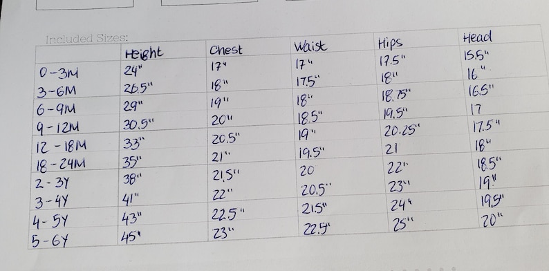 May include: A chart showing clothing sizes for children from 0-3 months to 5-6 years. The chart includes measurements for height, chest, waist, hips, and head in inches.