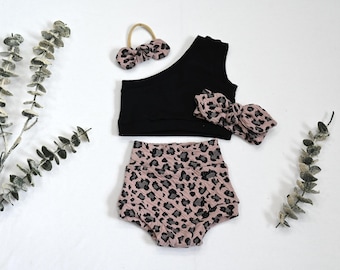 Baby Girl Leopard Outfit/One Shoulder Crop Top & Bummies Set/Trendy Toddler Summer Outfit/Handmade Gift