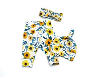 Sunflower Baby Girl  Outfit/ Newborn Leggings, Hat & Bow Set/Coming Home Outfit