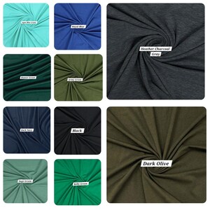 May include: A collection of fabric swatches in various colors, including aqua blue green, royal blue, heather charcoal gray, hunter green, army green, dark navy, black, sage green, kelly green, and dark olive.