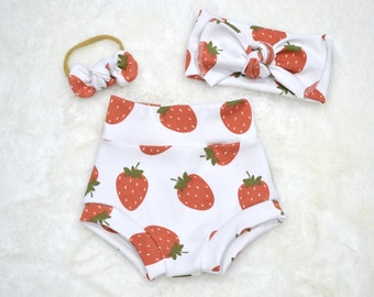 Strawberry Baby Bummel Set/High Waist Shorts, Passendes Stirnband & Schleife