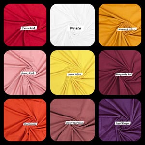 May include: Nine fabric swatches in different colors, including true red, white, mustard yellow, dusty pink, lemon yellow, burgundy red, rust orange, dusty marsala, and royal purple.