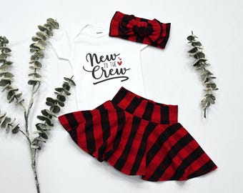 Buffalo Plaid Baby Outfit: Skirt, Bow Headband, "New to the Crew" Bodysuit
