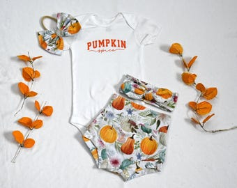 Pumpkin Spice Baby Girl Outfit/Bodysuit and Bummies Set/Pumpkin Spice Baby Outfit/Baby Girl Fall Clothes