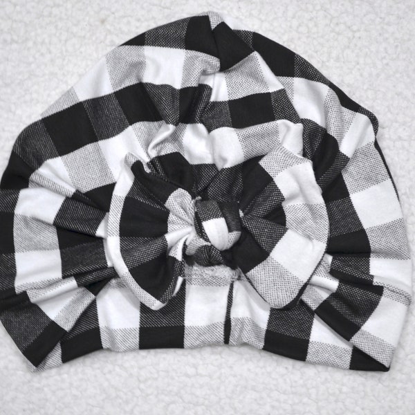 Black and White Buffalo Plaid Turban Maxi Bow Tie Hat/ Baby Girl Turban Hat/ Toddler Turban Hat/ Kids Turban