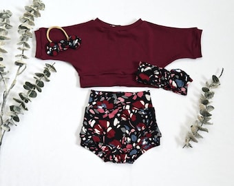 Burgundy  Crop Top/ Burgundy  Floral Baby Outfit/Baby Girl Bummies Set/Toddler Outfit/Handmade Baby Gift