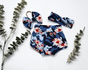 Floral Army Bummies Set/ Baby Girl High Waist Shorts & Matching Headband/ Handmade Boutique Outfit