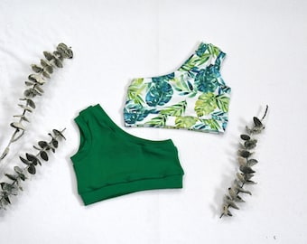 Baby Girl One Shoulder Palm Leaf &Solid Kelly Green Tank Top-Soft Stretch Asymmetrical Summer Shirt for Toddler