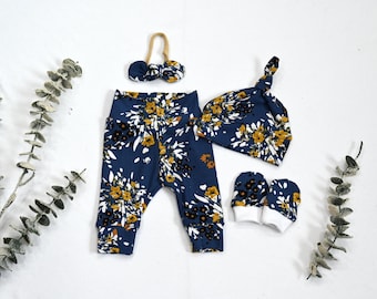 Navy Floral Baby Girl Outfit/Newborn Baby Outfit/Baby Girl Knot Hat& Mittens Set/Coming Home Outfit/Baby Shower Gift