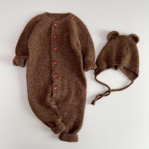 9-12 months Baby Alpaca Romper Set, Teddy Bear Bonnet, Newborn Onesie, Ready for shipping