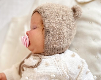 Alpaca Baby Teddy Bear Bonnet, Boucle Baby Hat with Ears, Hand Knit Baby Bonnet, Newborn Gift