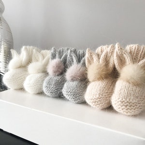 Hand Knit Angora Baby Booties: Real Mink Pom Poms, Newborn Gift, Unisex Newborn Socks