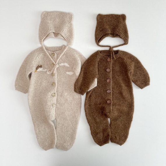 Alpaca Baby unisex Onesie and Bonnet Set, handKnit Romper, Little Bear hat, newborn gift