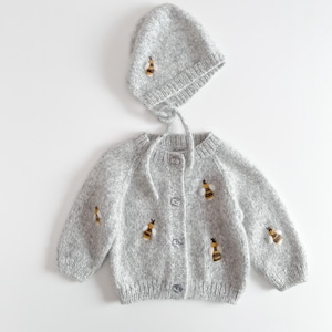 Hand Knitted Baby Alpaca Cardigan & Bonnet Set:  Bee Embroidery, warm alpaca vest