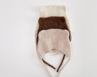Baby Alpaca Bear Bonnet, Hand Knit teddy bonnet, Wool Newborn Hat with Ears, Baby Shower Gift