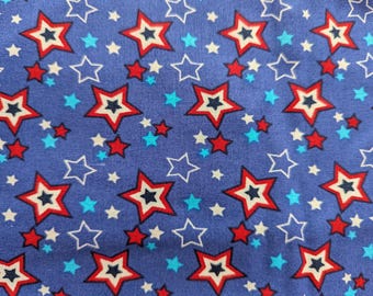 Three Yards Quilters Quality Cotton Fabric, Red, White and Blue Stars on Light Blue Background