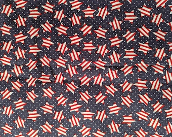 Three Yards Quilters Quality Cotton Fabric,  Red and White Striped Stars on Navy Blue Background