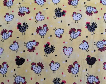 2 yards yellow, polka dot chicken quilters cotton fabric, black, white