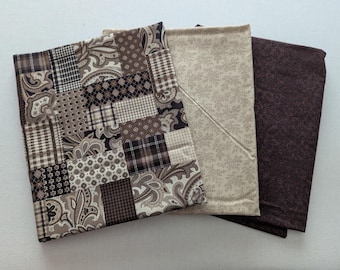 Fabric Bundle,  3 one yard cuts of vintage and new quilters quality cotton fabric- Vintage Brown Patchwork