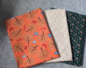 Three Yard Fabric Bundle, 3 one yard cuts of vintage and new quilters quality cotton fabric- Birds and leaves, orange, green, beige
