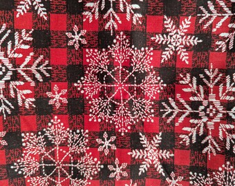 2 yards Snowflakes on Red Plaid quilters cotton fabric