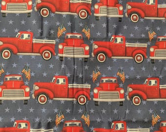 Two Yards Quilters Quality Cotton Fabric, Patriotic Red Trucks