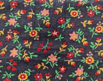 2 Yards 34 inches vintage cotton fabric- Pink, Red and Yellow Flowers on Black Background